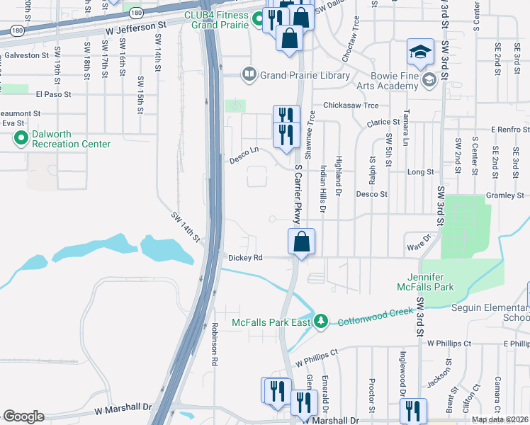 map of restaurants, bars, coffee shops, grocery stores, and more near 1104 South Carrier Parkway in Grand Prairie