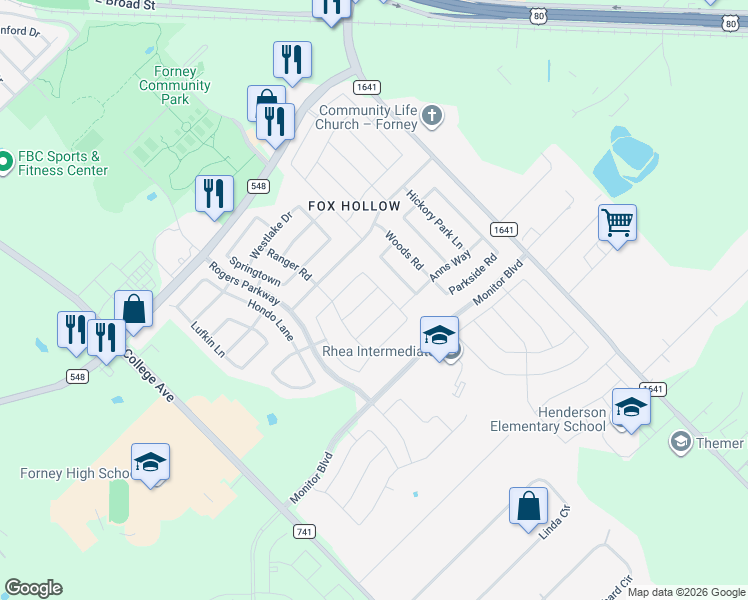 map of restaurants, bars, coffee shops, grocery stores, and more near 1123 Nederland Way in Forney