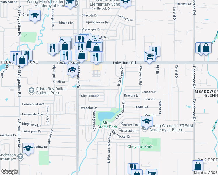 map of restaurants, bars, coffee shops, grocery stores, and more near 10307 Budtime Lane in Dallas