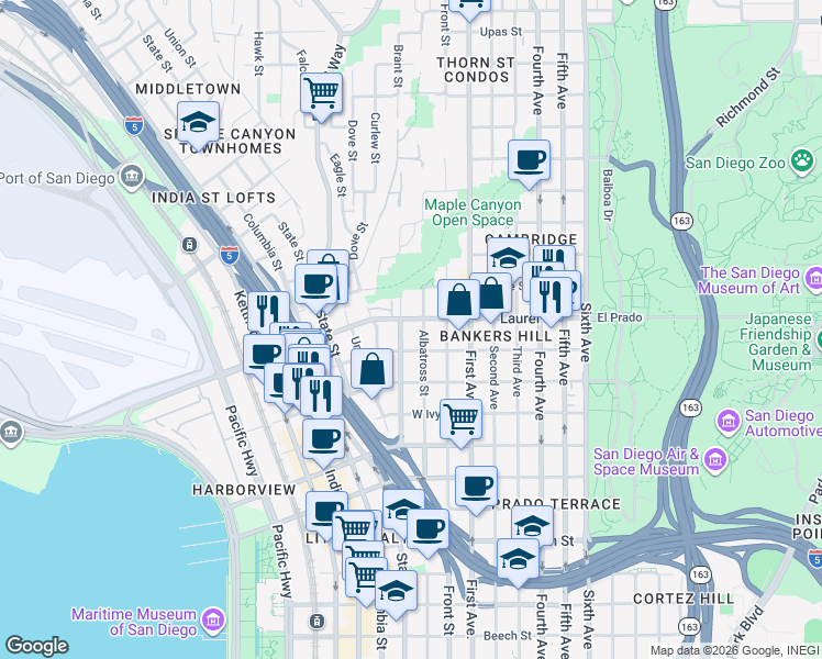 map of restaurants, bars, coffee shops, grocery stores, and more near in San Diego