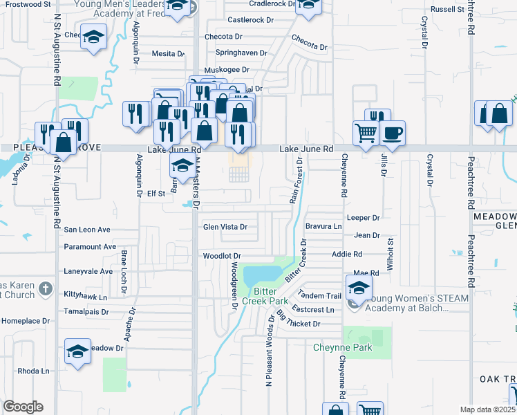 map of restaurants, bars, coffee shops, grocery stores, and more near 10263 Budtime Lane in Dallas