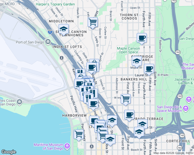 map of restaurants, bars, coffee shops, grocery stores, and more near 2545 1/2 State Street in San Diego