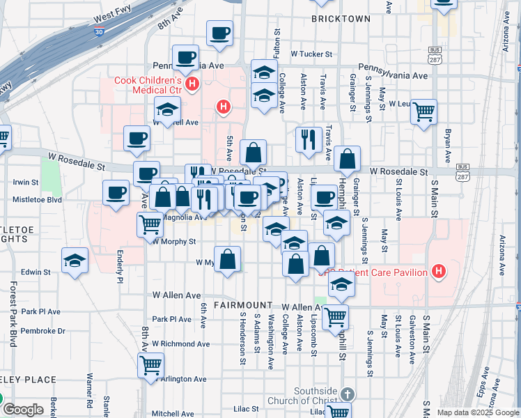 map of restaurants, bars, coffee shops, grocery stores, and more near 1209 South Adams Street in Fort Worth