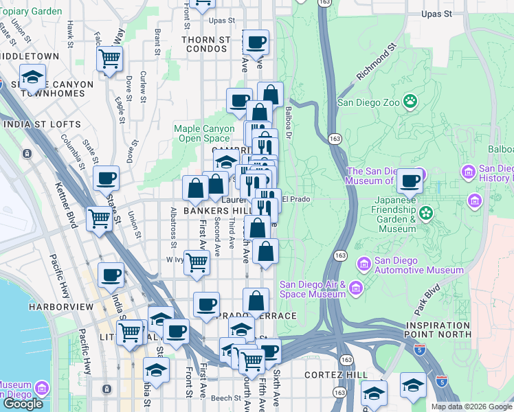 map of restaurants, bars, coffee shops, grocery stores, and more near in San Diego
