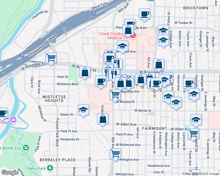 map of restaurants, bars, coffee shops, grocery stores, and more near 1600 Mistletoe Boulevard in Fort Worth