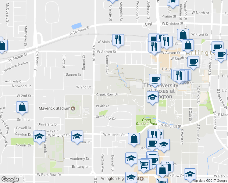map of restaurants, bars, coffee shops, grocery stores, and more near 1025 Greek Row Dr in Arlington