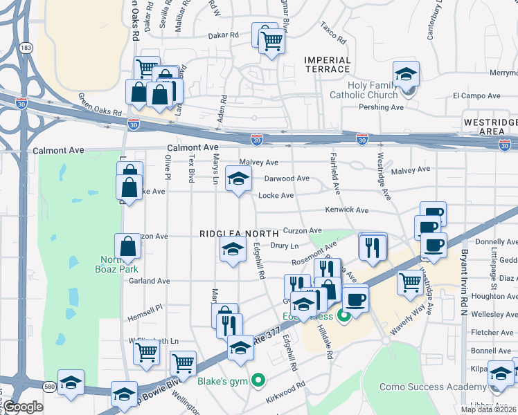 map of restaurants, bars, coffee shops, grocery stores, and more near 6441 Locke Avenue in Fort Worth