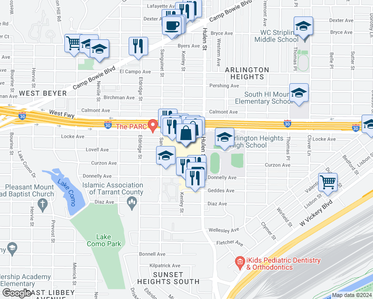 map of restaurants, bars, coffee shops, grocery stores, and more near 3000 S Hulen St in Fort Worth