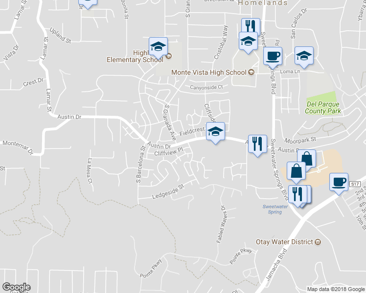map of restaurants, bars, coffee shops, grocery stores, and more near 2421 Fairhurst Place in Spring Valley