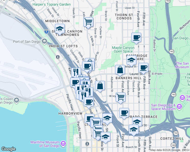 map of restaurants, bars, coffee shops, grocery stores, and more near West Laurel Street & Union Street in San Diego