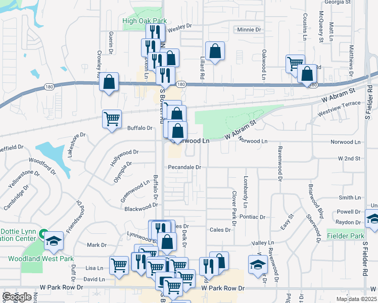 map of restaurants, bars, coffee shops, grocery stores, and more near 509 West Norwood Circle in Arlington