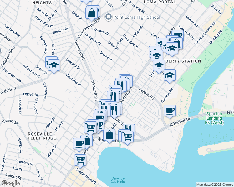 map of restaurants, bars, coffee shops, grocery stores, and more near 3044 Oliphant Street in San Diego