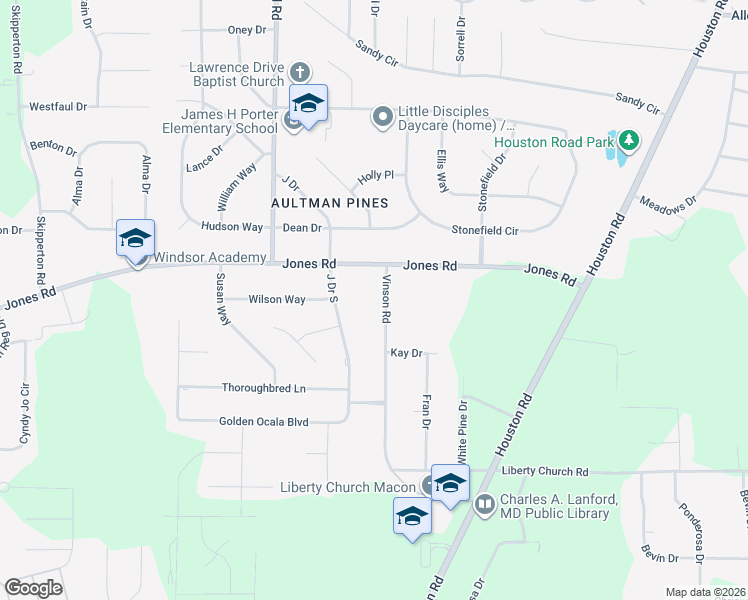 map of restaurants, bars, coffee shops, grocery stores, and more near 6541 Vinson Road in Macon