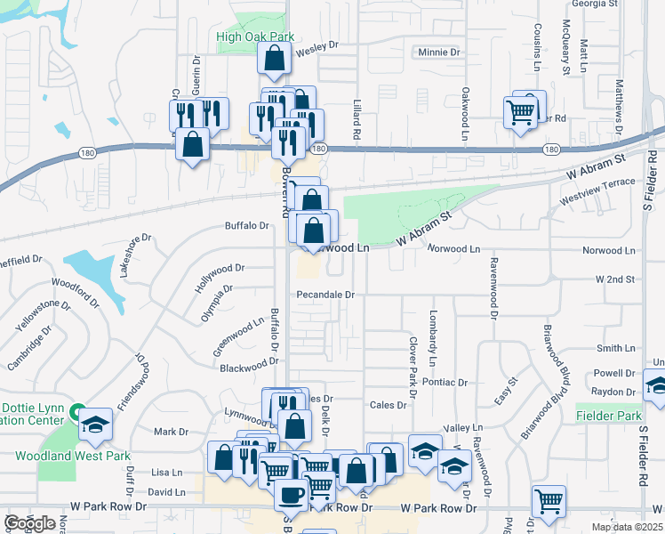 map of restaurants, bars, coffee shops, grocery stores, and more near 507 East Norwood Circle in Arlington