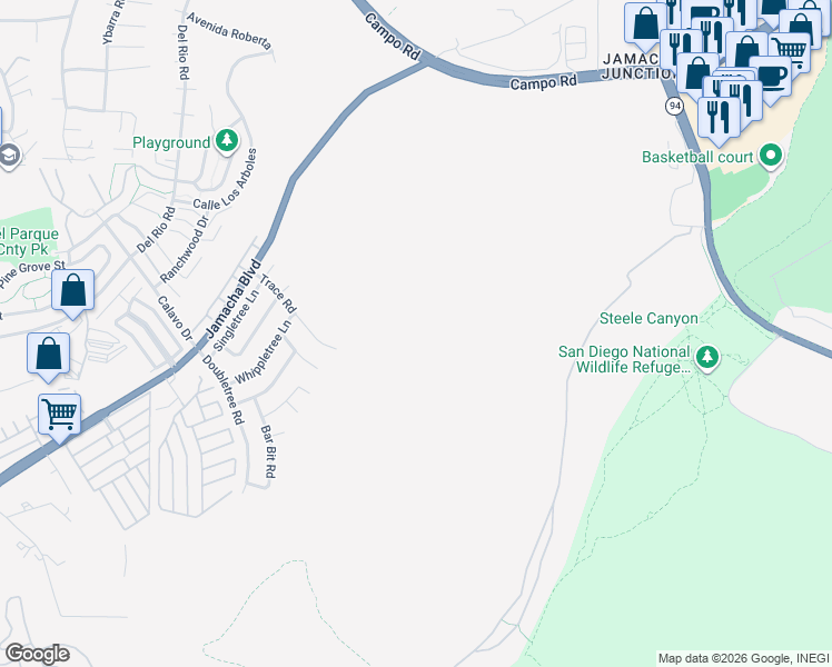 map of restaurants, bars, coffee shops, grocery stores, and more near 11300 Jamacha Boulevard in Spring Valley