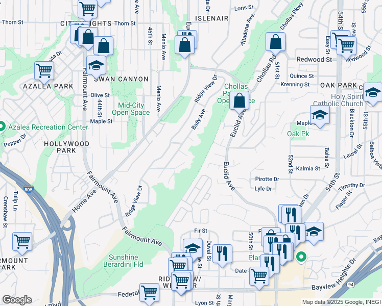 map of restaurants, bars, coffee shops, grocery stores, and more near 4781 Maple Street in San Diego