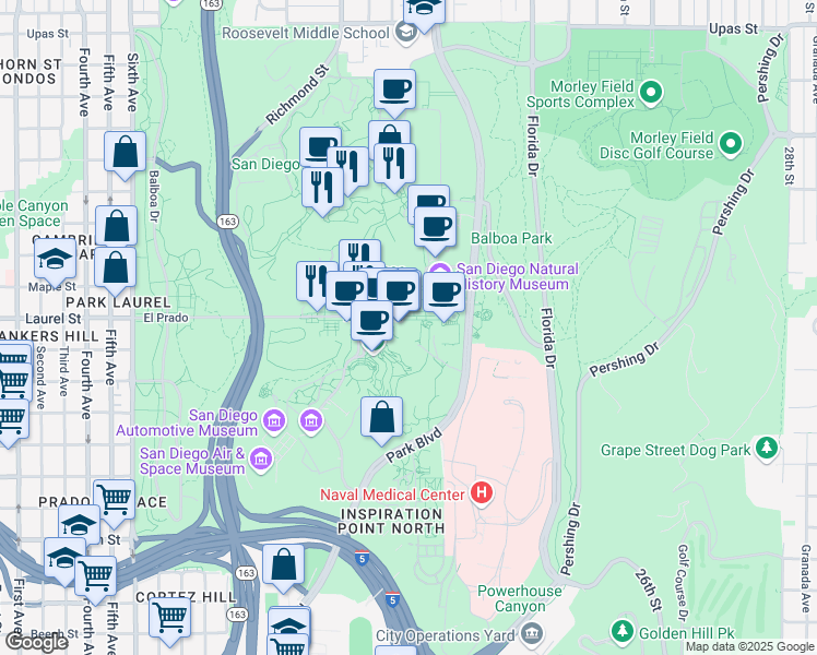 map of restaurants, bars, coffee shops, grocery stores, and more near 1549 El Prado in San Diego
