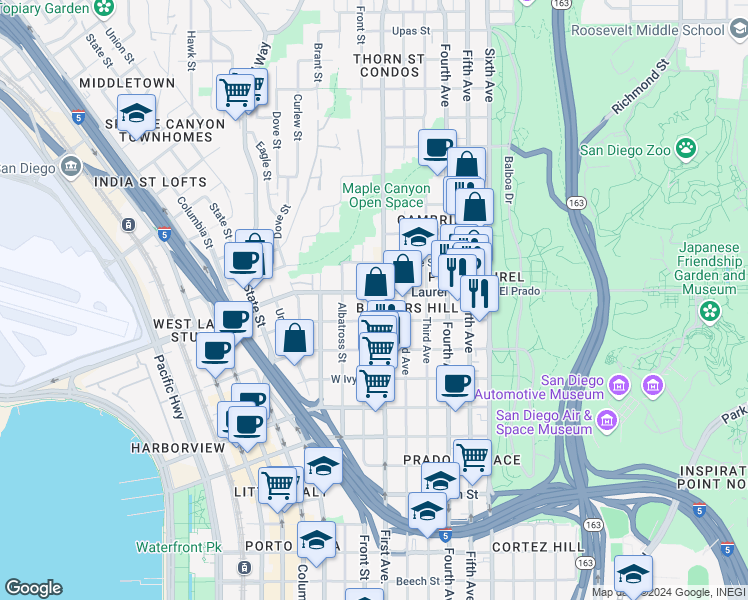 map of restaurants, bars, coffee shops, grocery stores, and more near 2520 Front Street in San Diego