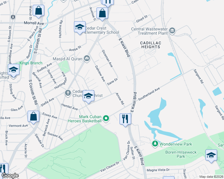 map of restaurants, bars, coffee shops, grocery stores, and more near 1435 Dalview Avenue in Dallas