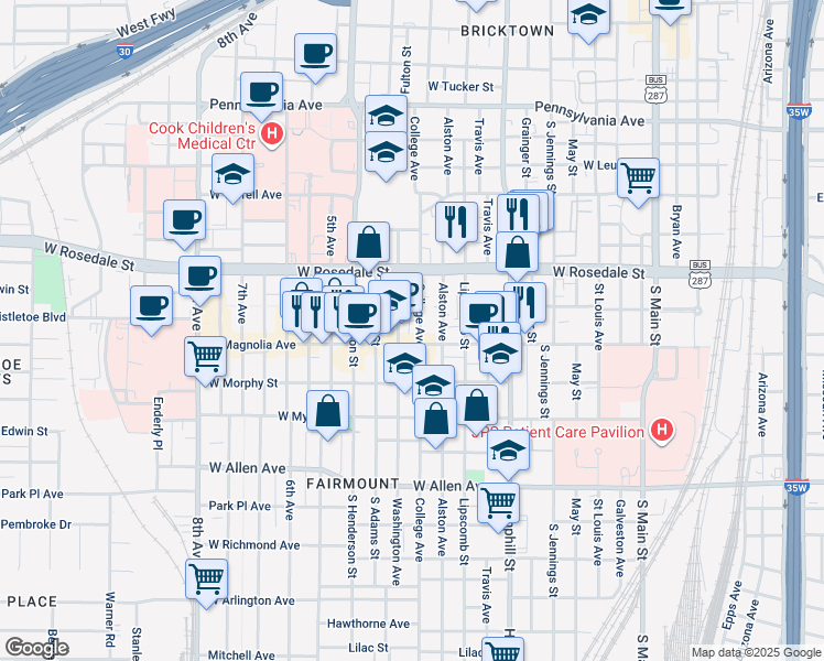 map of restaurants, bars, coffee shops, grocery stores, and more near 1209 College Avenue in Fort Worth