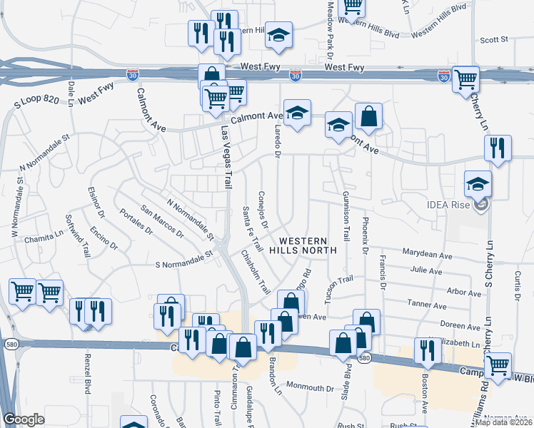 map of restaurants, bars, coffee shops, grocery stores, and more near 3005 Conejos Drive in Fort Worth