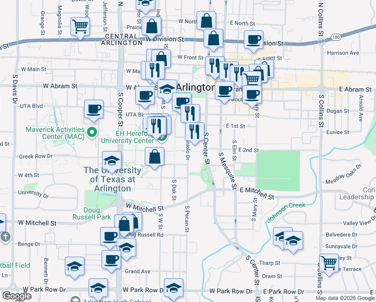 map of restaurants, bars, coffee shops, grocery stores, and more near 601 South Pecan Street in Arlington