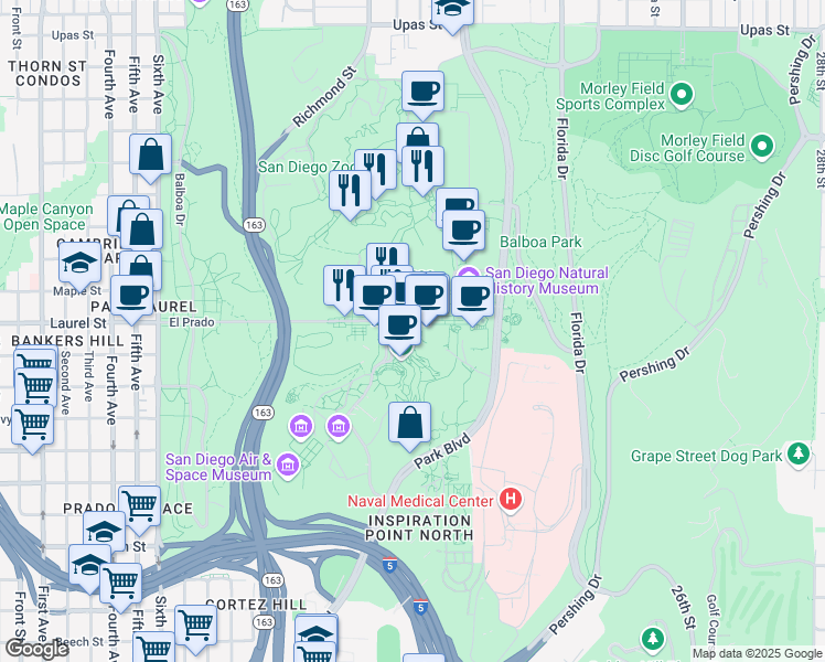 map of restaurants, bars, coffee shops, grocery stores, and more near 1549 El Prado in San Diego