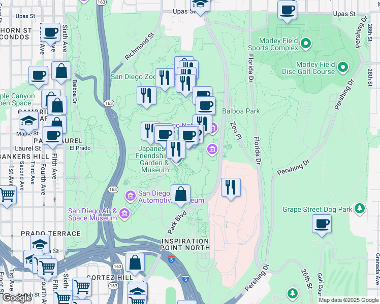 map of restaurants, bars, coffee shops, grocery stores, and more near 1649 El Prado in San Diego