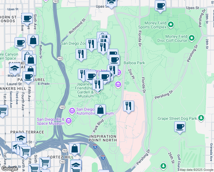 map of restaurants, bars, coffee shops, grocery stores, and more near 1649 El Prado in San Diego