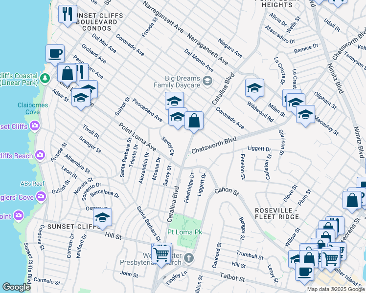 map of restaurants, bars, coffee shops, grocery stores, and more near 1466 Catalina Boulevard in San Diego
