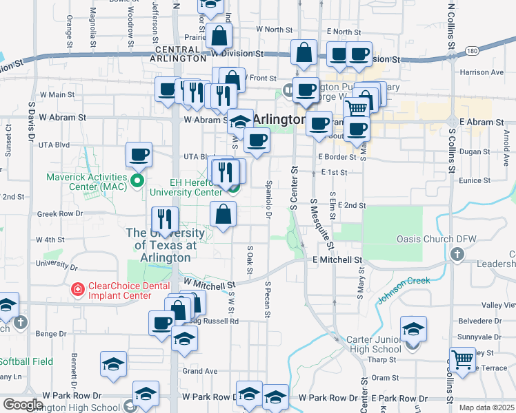map of restaurants, bars, coffee shops, grocery stores, and more near 600 Spaniolo Drive in Arlington