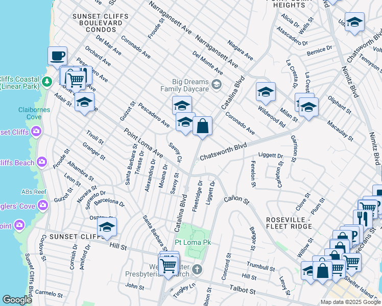 map of restaurants, bars, coffee shops, grocery stores, and more near 1466 Catalina Boulevard in San Diego