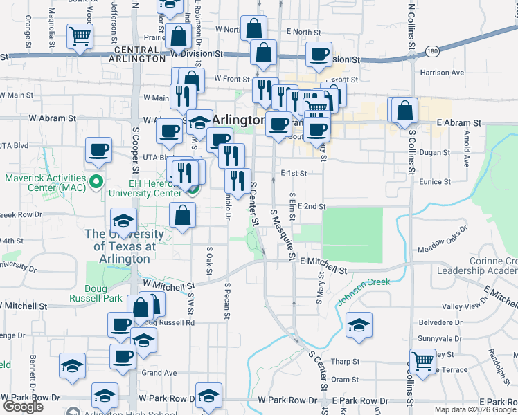 map of restaurants, bars, coffee shops, grocery stores, and more near in Arlington