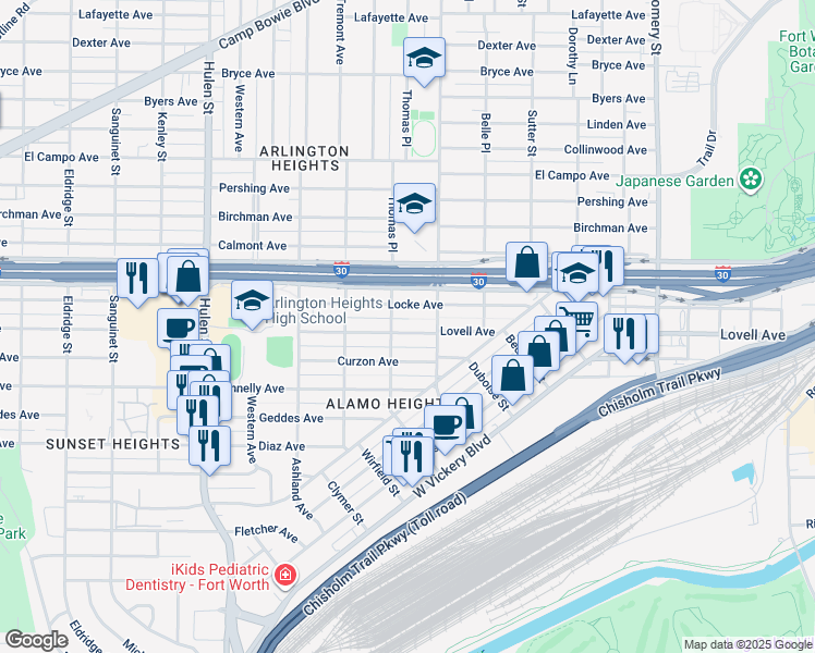 map of restaurants, bars, coffee shops, grocery stores, and more near 4124 Lovell Avenue in Fort Worth