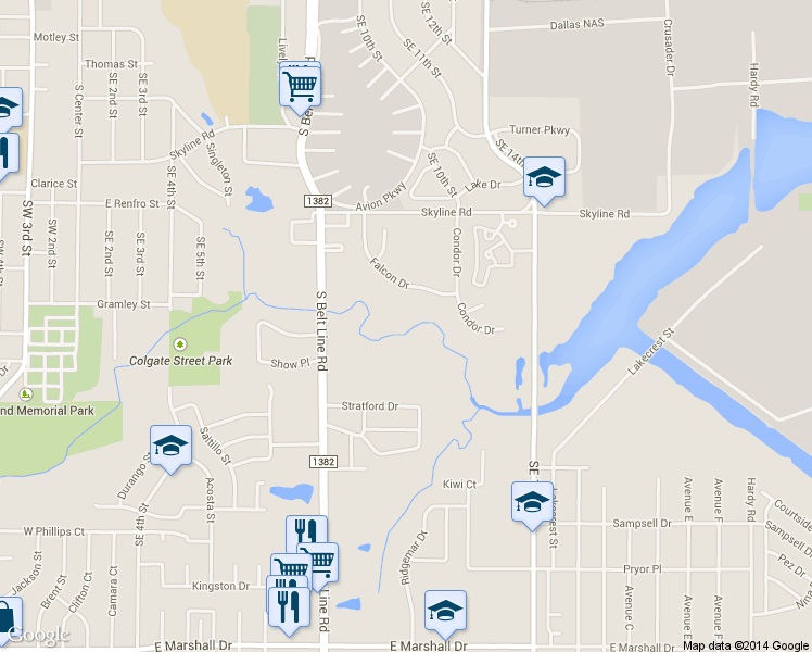 map of restaurants, bars, coffee shops, grocery stores, and more near 1350 Skyline Road in Grand Prairie