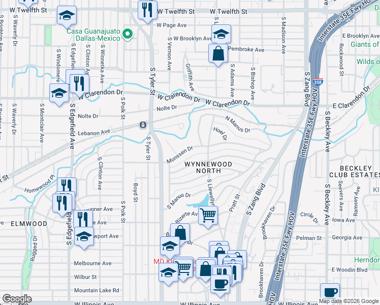 map of restaurants, bars, coffee shops, grocery stores, and more near 626 Monssen Drive in Dallas