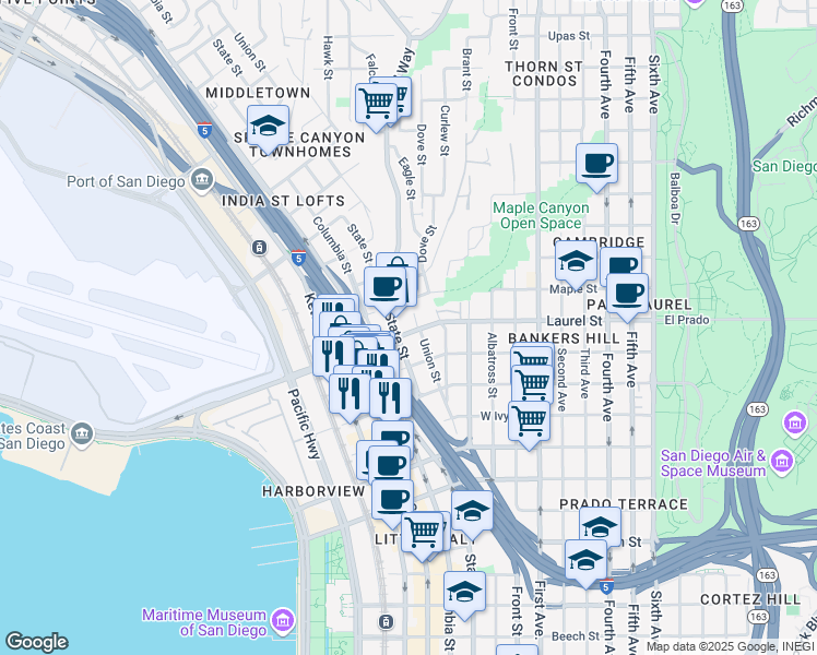 map of restaurants, bars, coffee shops, grocery stores, and more near 614 West Laurel Street in San Diego