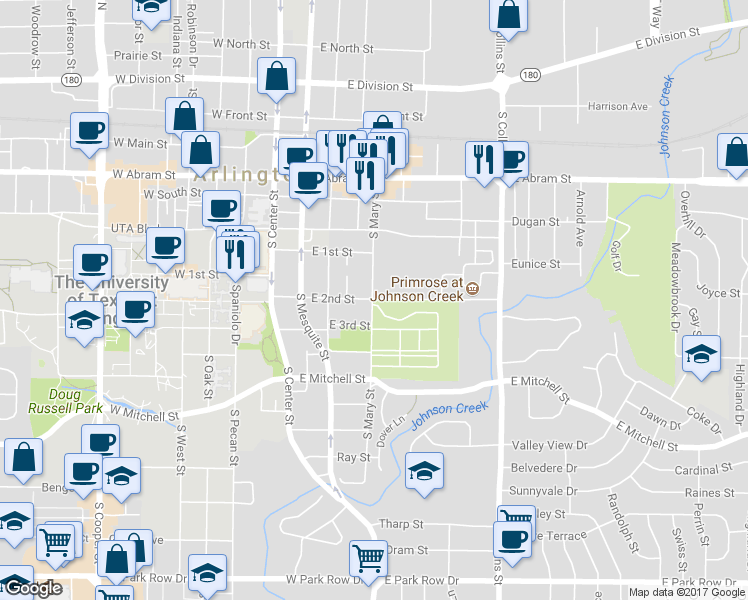 map of restaurants, bars, coffee shops, grocery stores, and more near 501 East 2nd Street in Arlington