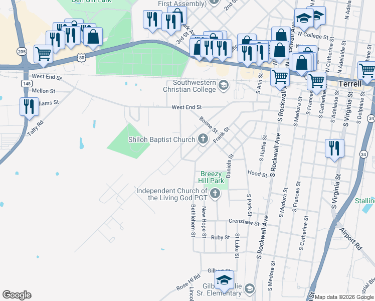 map of restaurants, bars, coffee shops, grocery stores, and more near 601 Bradshaw Street in Terrell