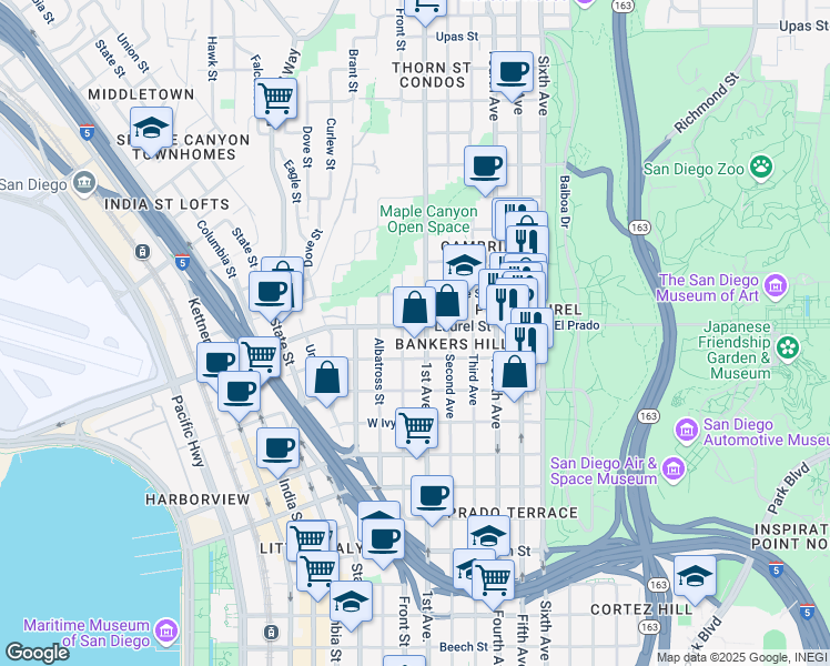 map of restaurants, bars, coffee shops, grocery stores, and more near 2466 1st Avenue in San Diego