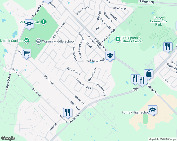 map of restaurants, bars, coffee shops, grocery stores, and more near 404 Driftwood Court in Forney