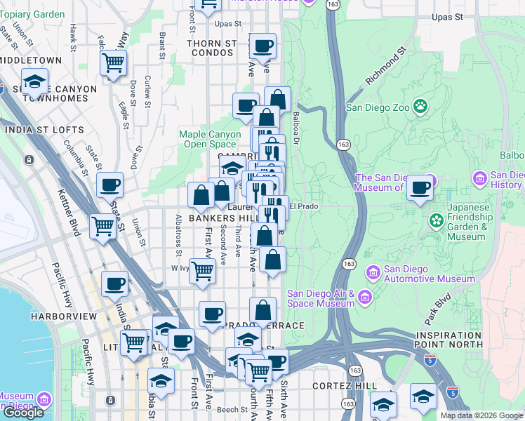 map of restaurants, bars, coffee shops, grocery stores, and more near in San Diego