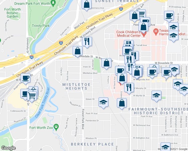 map of restaurants, bars, coffee shops, grocery stores, and more near 1203 Jerome Street in Fort Worth