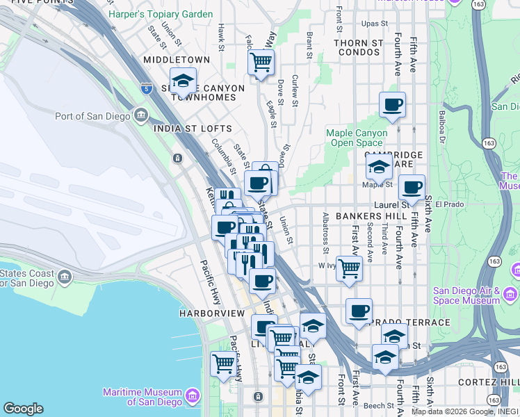 map of restaurants, bars, coffee shops, grocery stores, and more near 2545 1/2 State Street in San Diego