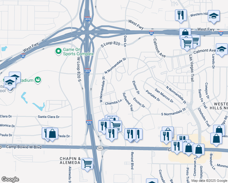 map of restaurants, bars, coffee shops, grocery stores, and more near 9108 Saddlehorn Drive in Fort Worth