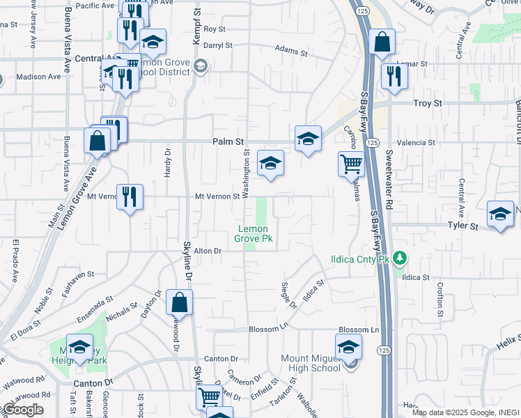 map of restaurants, bars, coffee shops, grocery stores, and more near 8235 Mount Vernon Street in Lemon Grove
