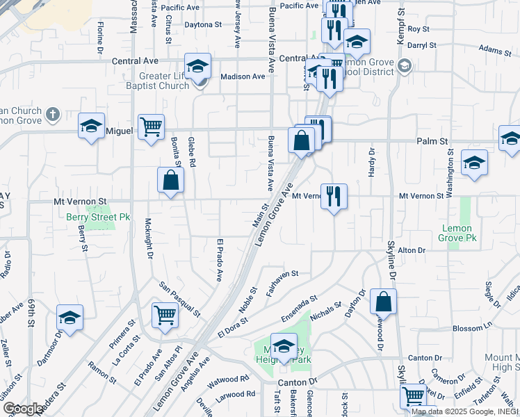 map of restaurants, bars, coffee shops, grocery stores, and more near 7573 Mount Vernon Street in Lemon Grove