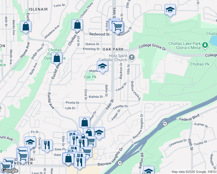 map of restaurants, bars, coffee shops, grocery stores, and more near 5335 Oak Park Drive in San Diego
