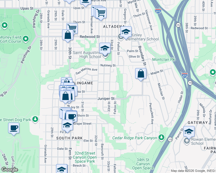 map of restaurants, bars, coffee shops, grocery stores, and more near 3315 Laurel Street in San Diego
