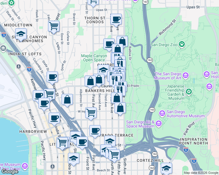 map of restaurants, bars, coffee shops, grocery stores, and more near 309 Laurel Street in San Diego